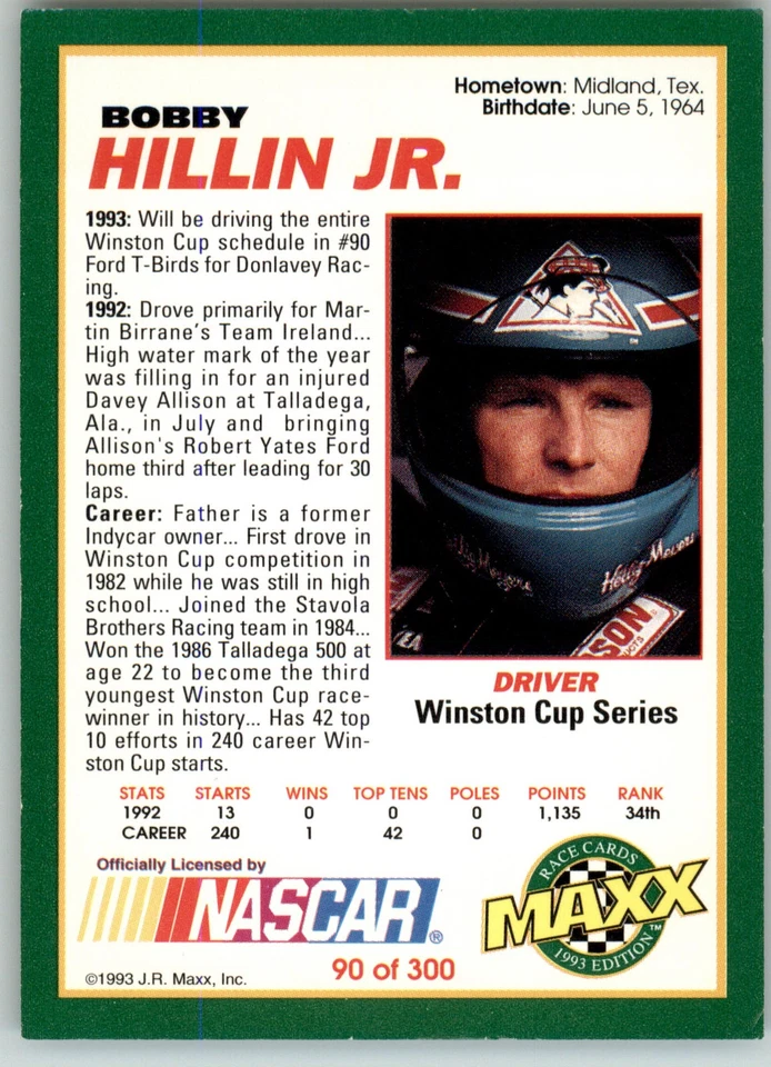 Bobby Hillin Jr. - 1993 Maxx - #90 - Racing - Image 2 of 2