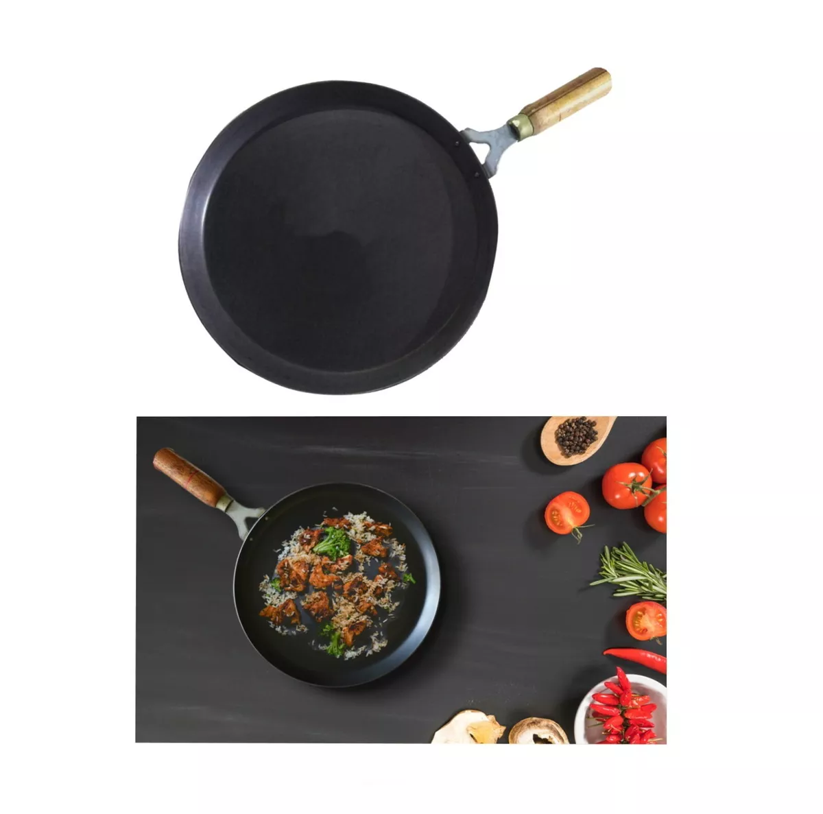 Iron Tawa Flat Dosa Tava Crepe Pancake Pan Roti Chapati Wooden