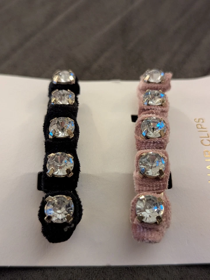 Juego de 2 pinzas para el cabello J Crew terciopelo estrás negro rosa nuevo con etiquetas Foto 2 de 4