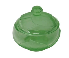 VIKING GREEN SATIN FROST CABBAGE LEAF GLASS COVERED CANDY DISH W/ LID