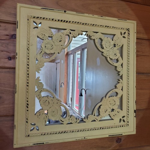 Vintage Ornate Carved Mirror Wood Yellow Shabby Chic 20" Square Hanging Wall Art