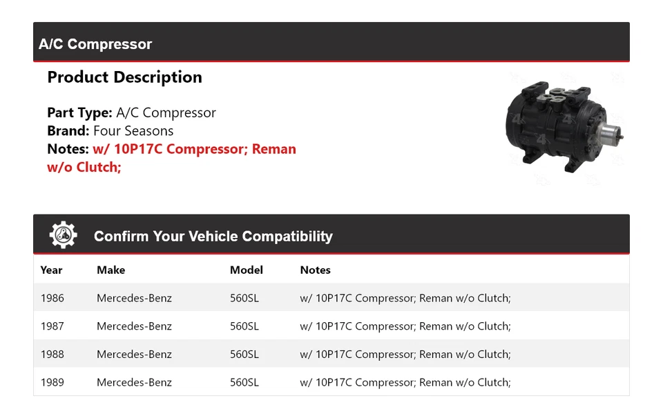 Compresor de aire acondicionado para Mercedes-Benz 560SL 1986-1989 4 estaciones 1987 1988 Foto 2 de 4