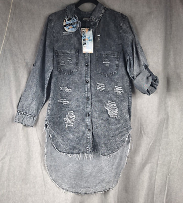 Thrill Jeans Shirt Women's Size L Novelty Wash Distressed Long Sleeve Black NWT