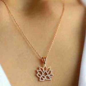 Authentic 0.50Ct Round Natural Moissanite Lotus Flower Pendant Chain 14K Rose Gold Plated