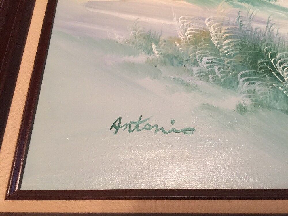 Framed Oil Painting Moon Rising Ocean Lighthouse Dunes Beach Sign Antonio  42x30”
