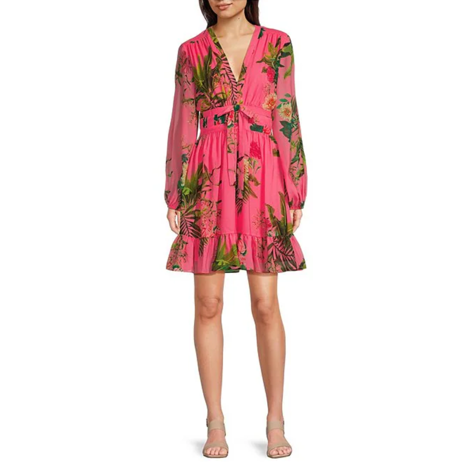 Alex Marie Shannon Tropical Floral Print Chiffon Bow Waist Ruffle Hem Dress Sz 4