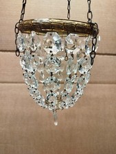 Small Antique Vintage French Brass & Crystal Basket Bag Chandelier..