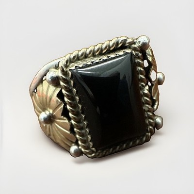Navajo Running Bear RB Vintage 925 Silver Black Onyx Mens Ring Size 12