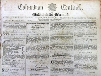 1800 newspaper with THE DEATH OF GEORGE WASHINGTON in a front page news report