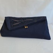 Vtg Bobbie Jerome Navy Satin Beaded Foldover Clutch Evening Bag Purse 1950s 60s