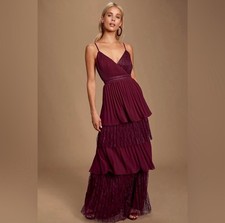 Lulus Date With a Daydream Burgundy Pleated Lace Tiered Maxi Dress XS Chiffon