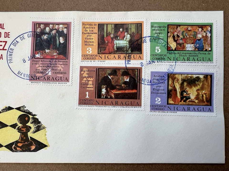 Nicaragua 1963 Chess Art Stamps FDC • Medieval Paintings • Hand Painted Cachet - Image 3 of 4