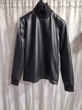 Herren Rollkragen Schwarz Leder T-Shirt | Echtes Individuelles Lammfell Leder...