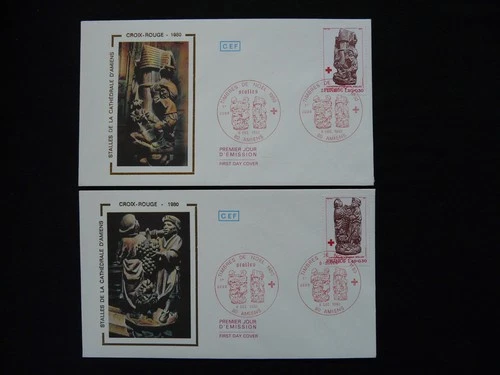 FDC France 1980 (x2) Red Cros wood sculpture wine harvesting