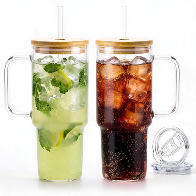 40 Oz Glass Cups with Lids and Straws 2 Pack Large Glass Tumbler with Handle Bor