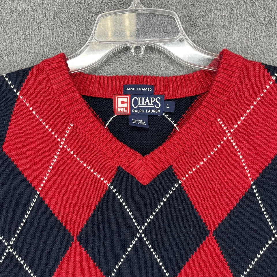 Chaps Ralph Lauren Sweater Vest Mens Large Red Preppy Argyle Knit Linen Cotton - Image 2 of 4