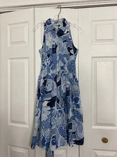 Newport News Size 10 Fit & Flare Shirt Dress Blue Print Sleeveless Bow Cotton