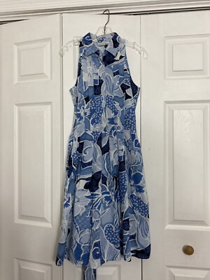 Newport News Size 10 Fit & Flare Shirt Dress Blue Print Sleeveless Bow Cotton | eBay Newport News Size 10 Fit & Flare Shirt Dress Blue Print Sleeveless Bow Cotton | eBay