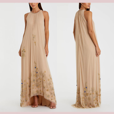 NWT Mac Duggal [ 10 ] 9232 High Neck Floral Embellished Trapeze Gown Nude #J720