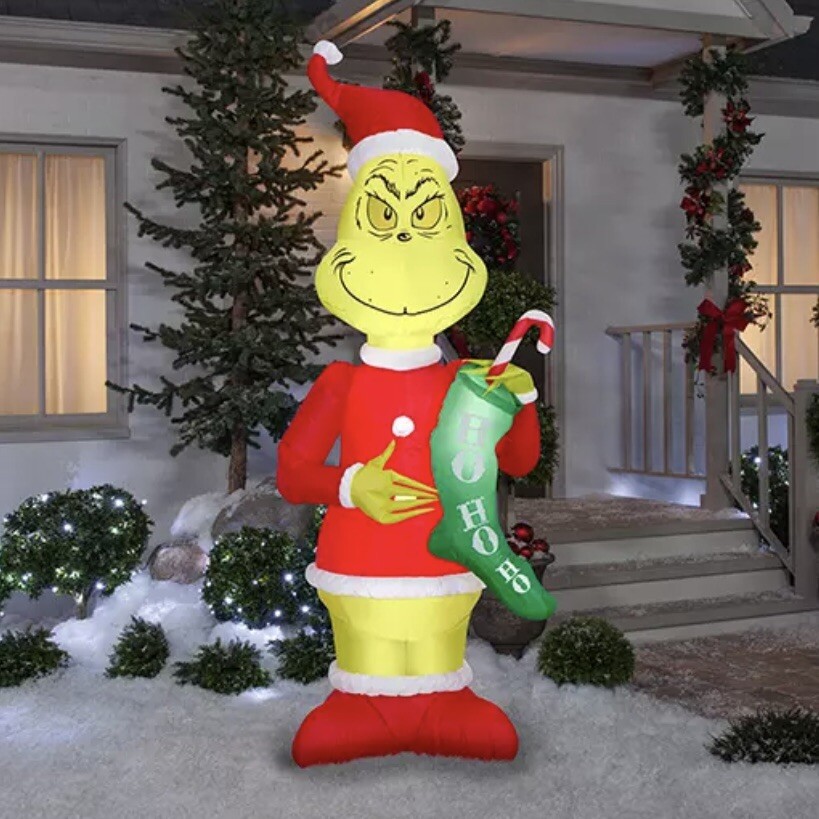 6.5ft Grinch Christmas Inflatable Yard Decor in Santa Suit with Ho Ho Ho by Gemmy