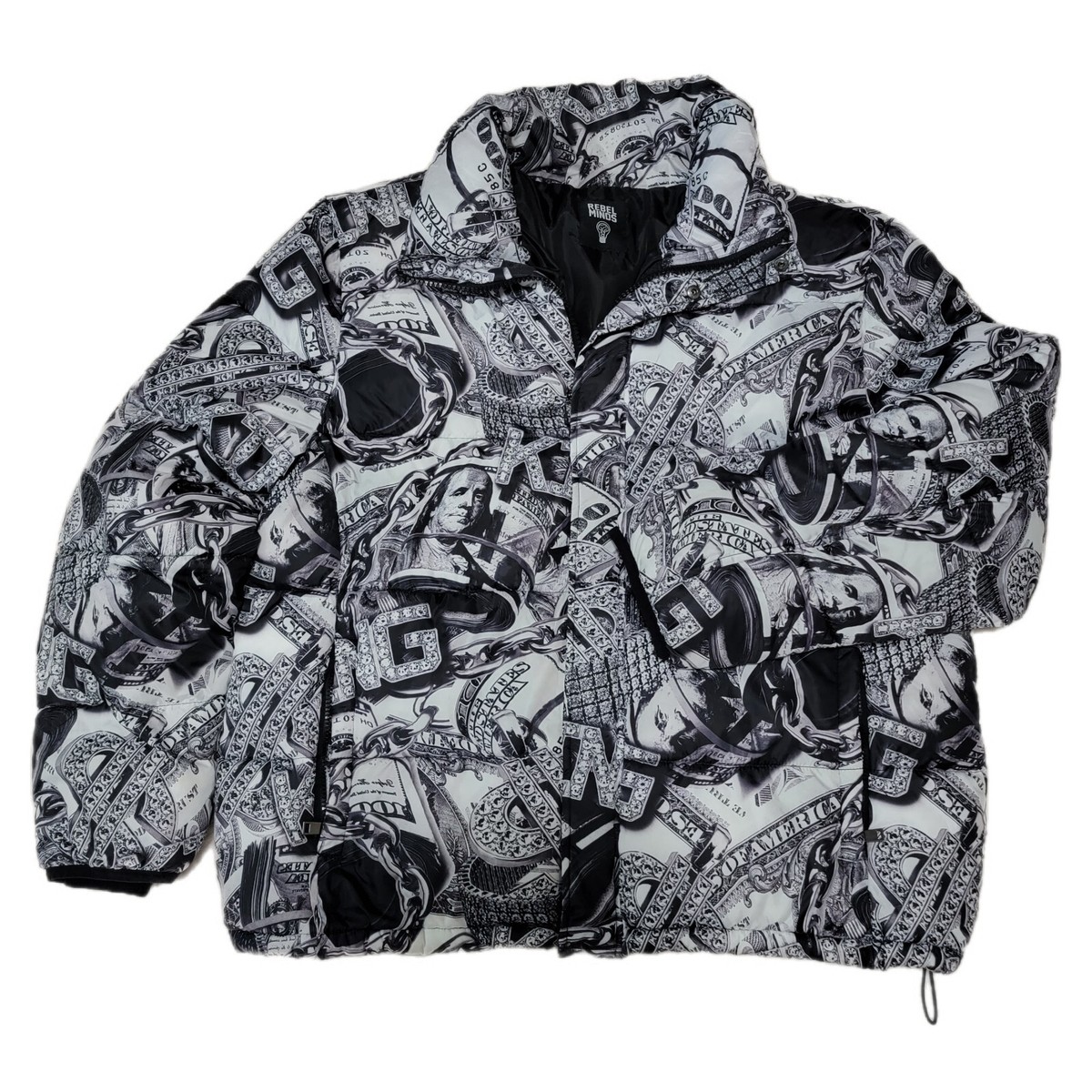 Rebel Minds Jacket Mens size 3X King Hundred Dollar Bill Graphic Puffer  Coat EUC