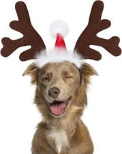 Pet Christmas Costume, Elk Reindeer Antler Headband w/ Santa Hat for Dogs & Cats