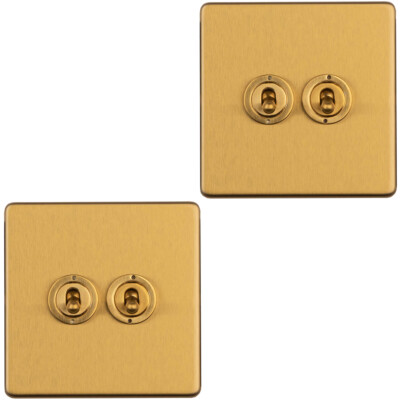 2er Pack 2 Gang Doppel Retro Kipp Lichtschalter SCHRAUBENLOS SATIN MESSING 10A 2-fach
