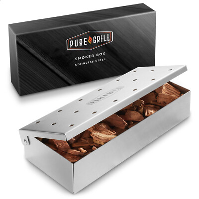 Stainless Steel BBQ Grill Smoker Box for Wood Chips, Hinged Lid, Smoking Meat