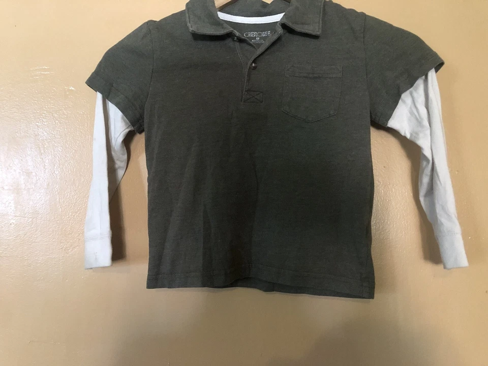Cherokee Boy's Size 5T T-Shirt Polo Pull On Grey & Beige Long Sleeve Pocket - Image 3 of 4