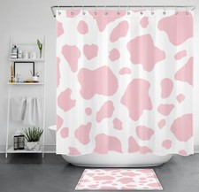 Rustic Farmhouse Cow Print Pink and White Shower Curtain Set for Bathroom Decor