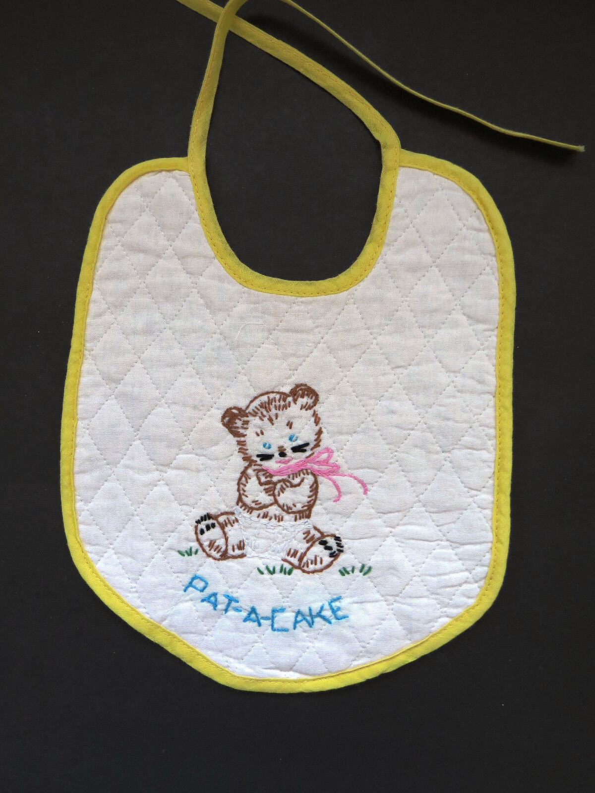 1950s Hand Embroidered Baby Bib Quilted Brown Bea… - image 1
