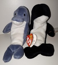 Ty Beanie Babies 2  Water Mammals Echo Dolphin/Waves Orca Whale