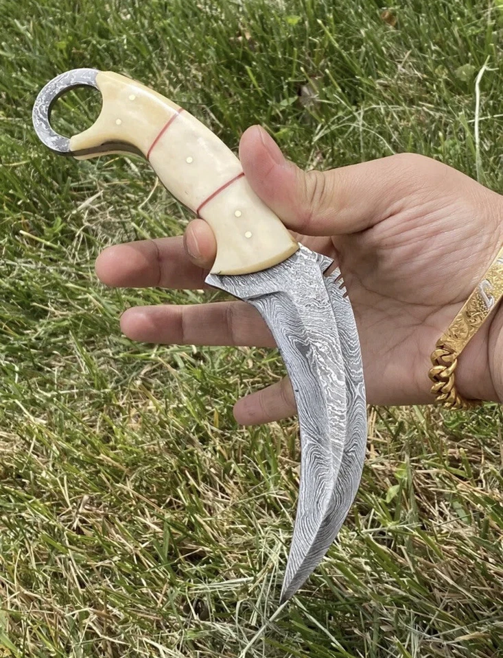 CUSTOM DAMASCUS STEEL Tactical Hunting combat Karambit FIXED BLADE KNIFE EDC 197 - Image 2 of 4
