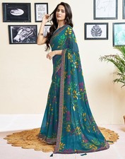 Women's Chiffon Printed Saree With Unstitched Blouse Piece
