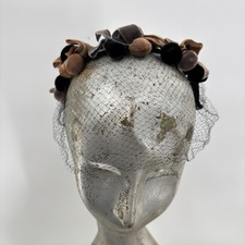 Vtg Velvet Bow Fascinator Headband Birdcage Veil Brown Black Taupe Cocktail Hat