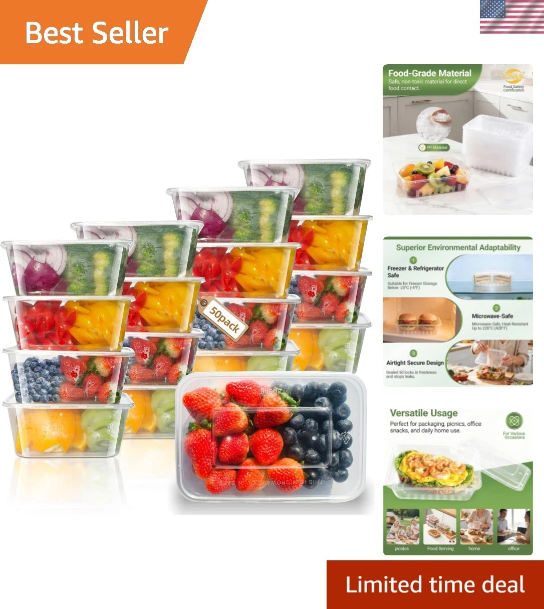 32 oz Disposable Food Containers with Lids, 50pk BPA Free Meal Prep for salad...