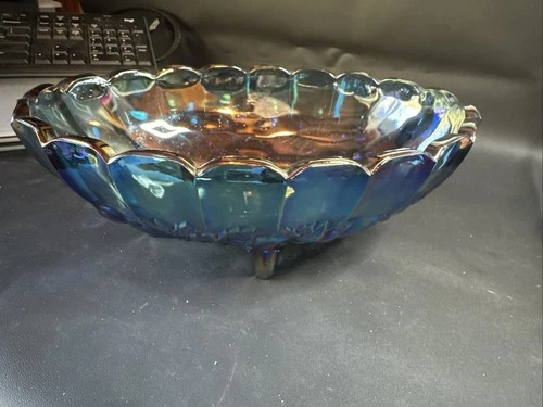 Vintage Blue Carnival Glass Iridescent Finish Large Footed Oval Fruit Bowl