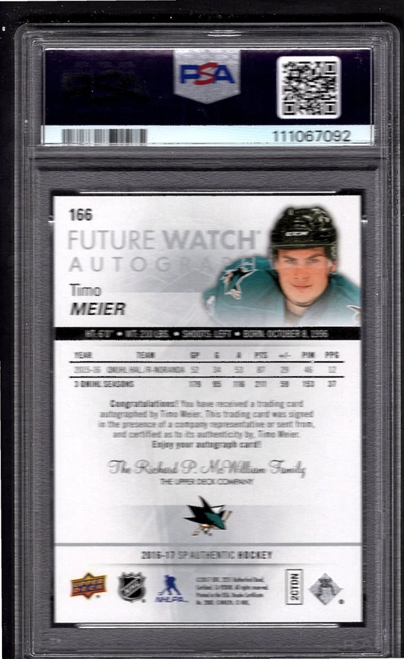 TIMO MEIER 2016-17 UD SP Authentic Future Watch Rookie AUTO #/999 PSA 10 GEM RC - Image 2 of 2