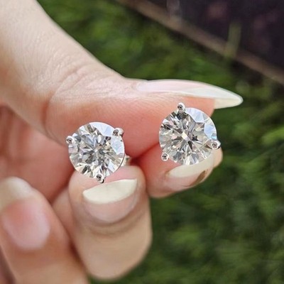 4-8mm D/VVS1 Round Cut Moissanite Solitaire Stud Earrings 14K White Gold Plated