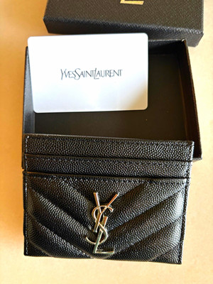Saint Laurent Black Quilted Card Wallet YSL Logo Credit Card Slots Women's