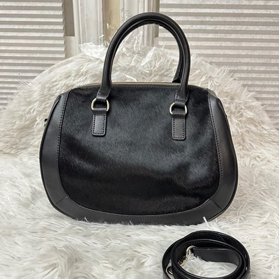 Talbots Black Leather Calf Hair Accent Zip Satchel Convertible Crossbody Bag NEW