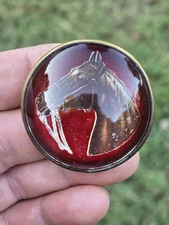 Vtg Equestrian Red Glass Dome Horse Head Bridle Rosette Old Brooch Pin See Pics