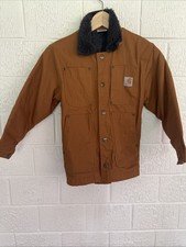 Carhartt Brown Canvas Sherpa Lined Jacket Kids Unisex Size Small 7-8