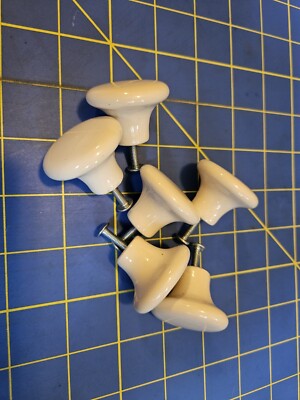 Lot of 6 Round White / Off-white Porcelain Cabinet Drawer Pulls Knobs  1.5''