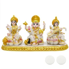 Indian Laxmi Ganesh Saraswati Statue - 3.9”H Small Marble Look Lakshmi Gan