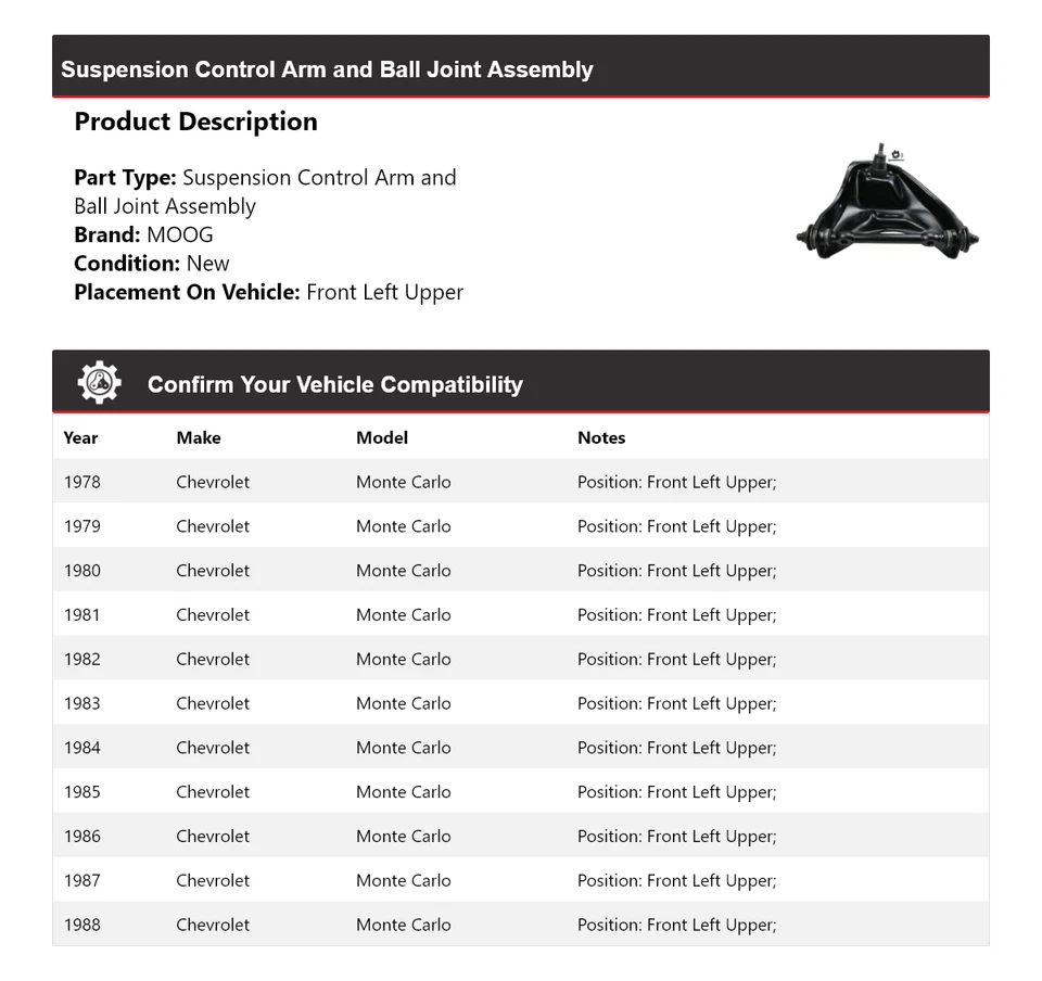 Brazo de control delantero izquierdo superior MOOG 1978-1988 Chevrolet Monte Carlo 1978 1979 Foto 2 de 4