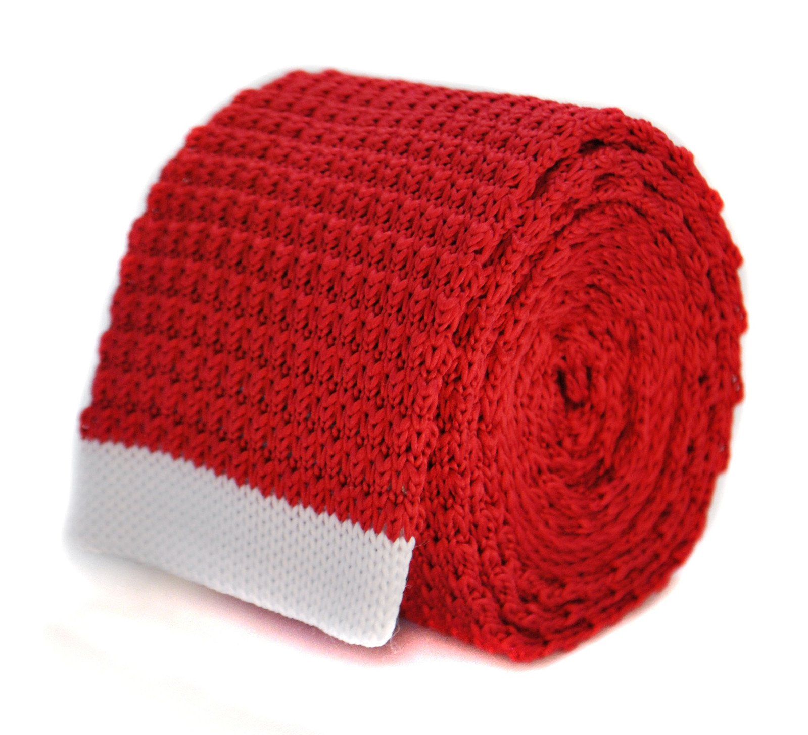 Frederick Thomas Knitted Silk Mens Tie - Bright Red - White Tip End Skinny