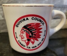 Vintage Boy Scout BSA Cup Mug - Quivira Council Kansas Gold Rim Made In USA