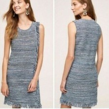 Anthropologie Holding Horses Blue Tweed Fringed Sweater Dress sz M Sleeveless CW