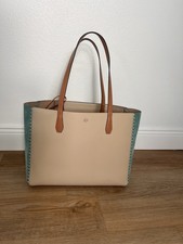 Tory Burch McGraw Mixed-Materials Tote - Beige Leather  Teal Suede - MINT